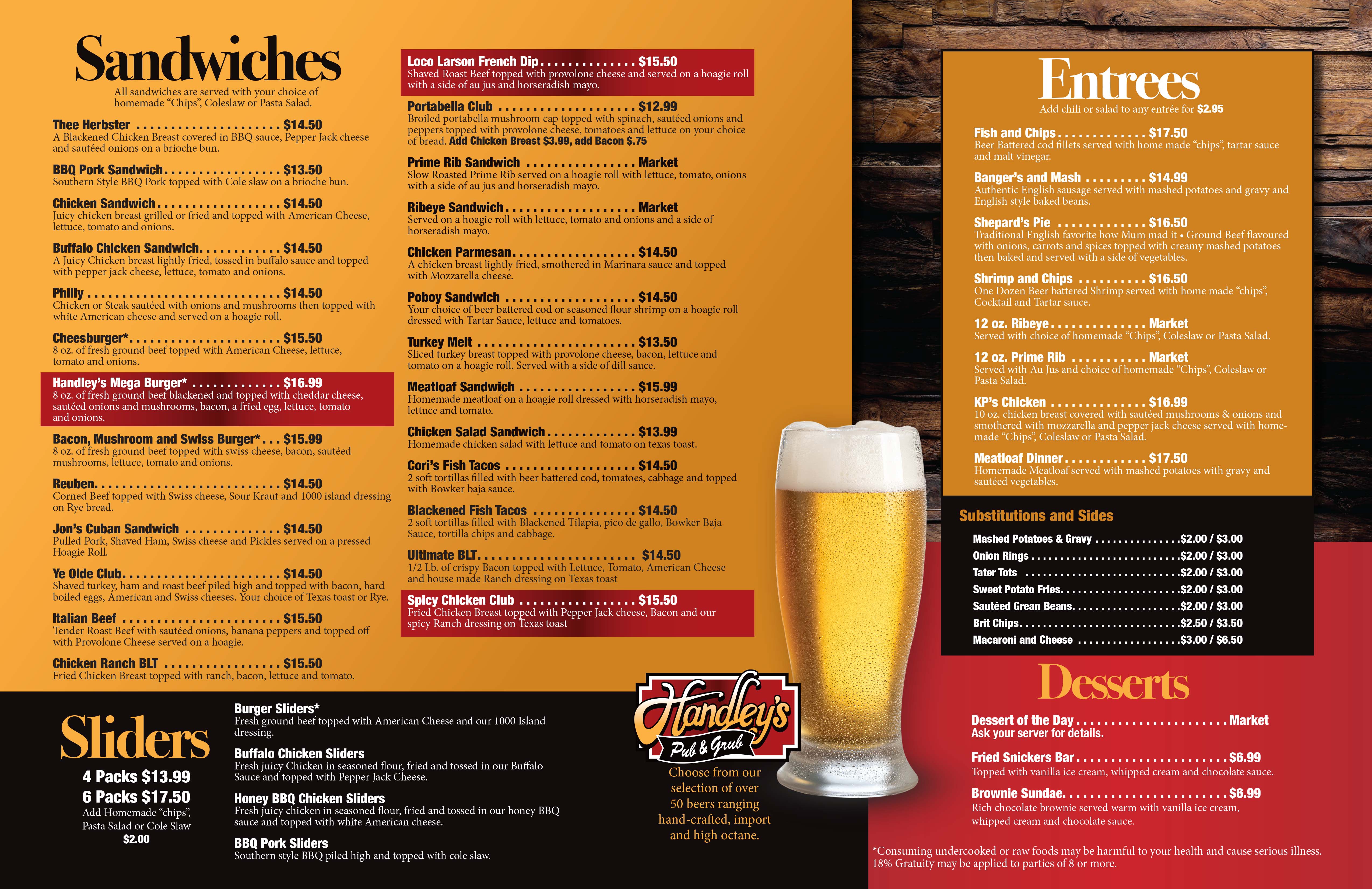 Handley's Pub and Grub Menu Back