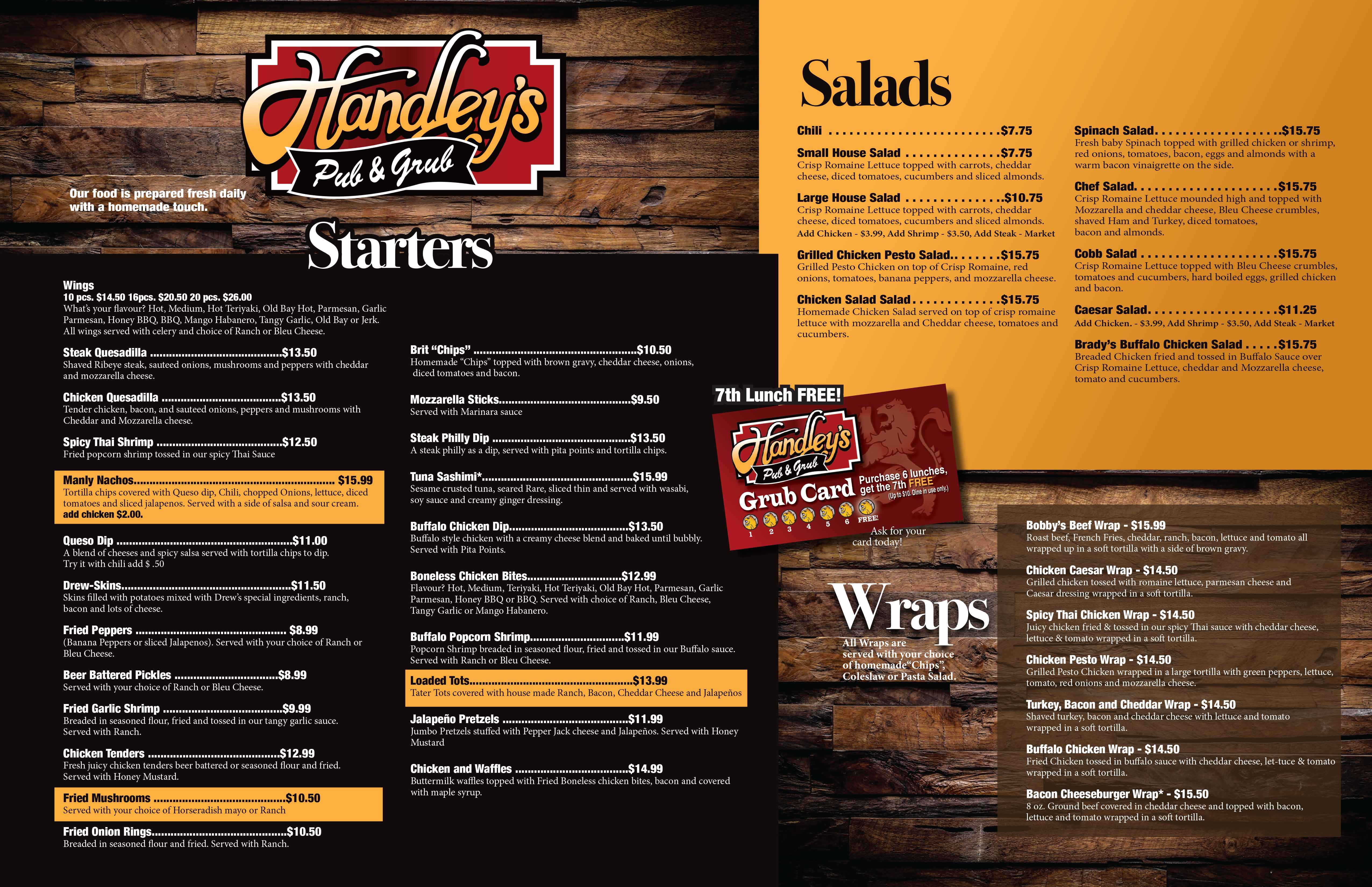 Handley's Pub and Grub Menu Front